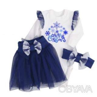 Комплект для девочки "Merry Christmas" + фатин, Синій, 62 (3 міс)