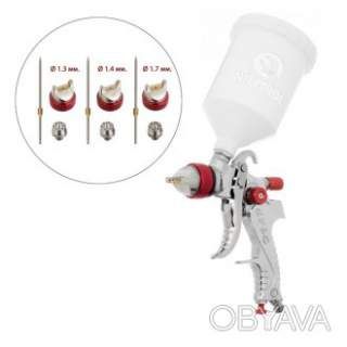 Краскопульт пневматичний HVLP, з набором форсунок: 1, 3 мм, 1, 4 мм, 1, 7 мм