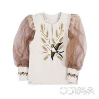 Блуза вишиванка дитяча "Ластівка" фатиновий рукав, Капучіно