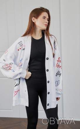 Кардиган жіночий довгий кофта аплікація ґудзики білий