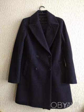 Темно-Синє шерстяне двобортне жіноче пальто, р.S, 165/84 А, ZARA BASIC